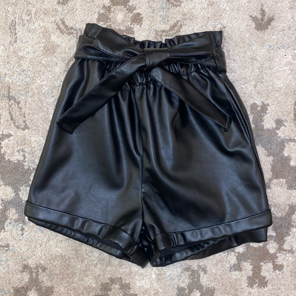 paperbag black leather shorts